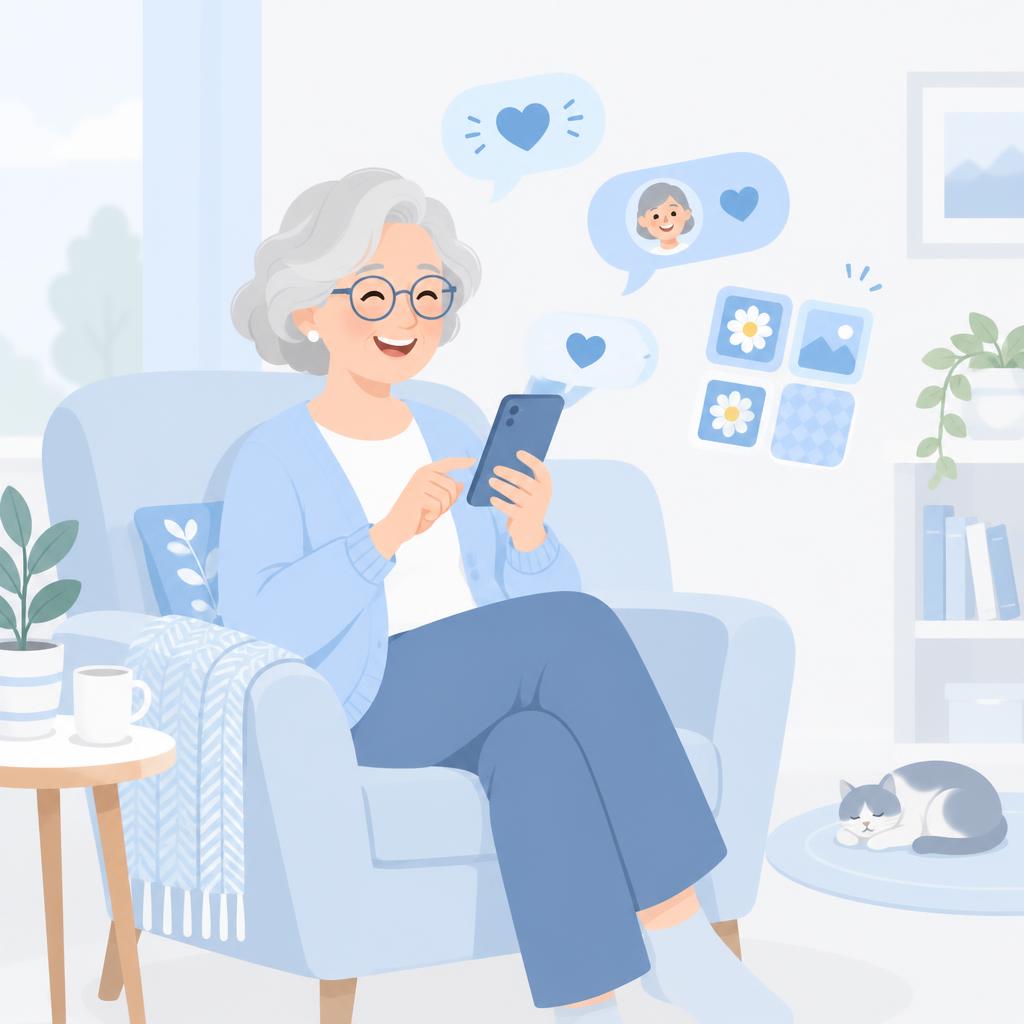 Idosa sorrindo conversando no celular, cercada de balões de conversa e jogos de memória
